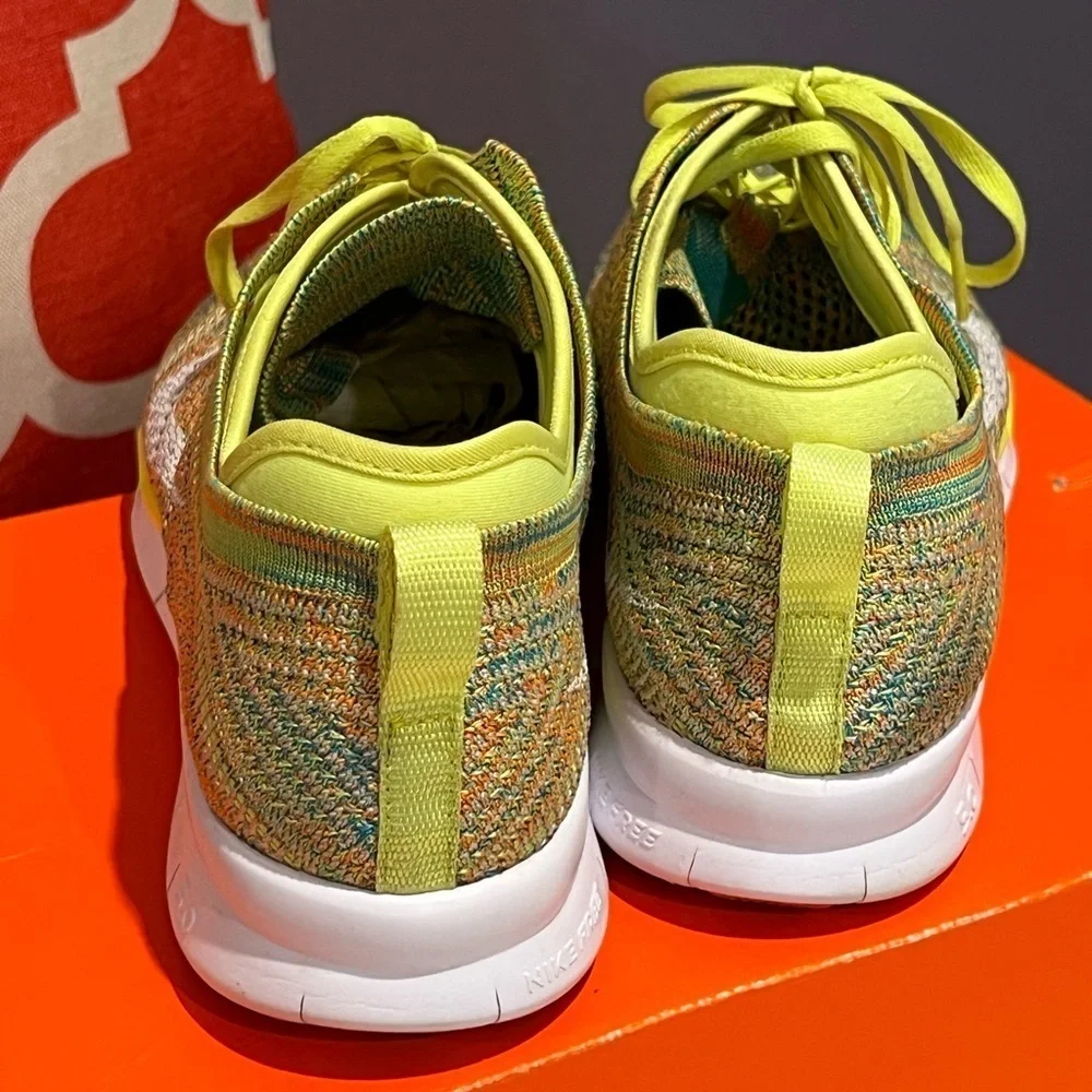 Like New: Nike Free Flyknit Running Sneakers. Wmns Size 9.5 Volt/White/Hot Lava